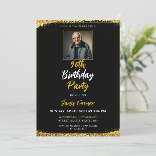Chic Zwart & Goud Foto 90ste Verjaardag Kaart (Staand voorkant)