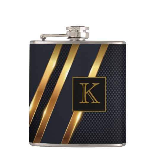 Chic Zwart & Goud Gestreepte Monogram Heupfles (Voorkant)
