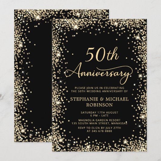 Chic Zwart Goud Glitter 50ste bruiloft Jubileum Kaart (Voorkant / Achterkant)