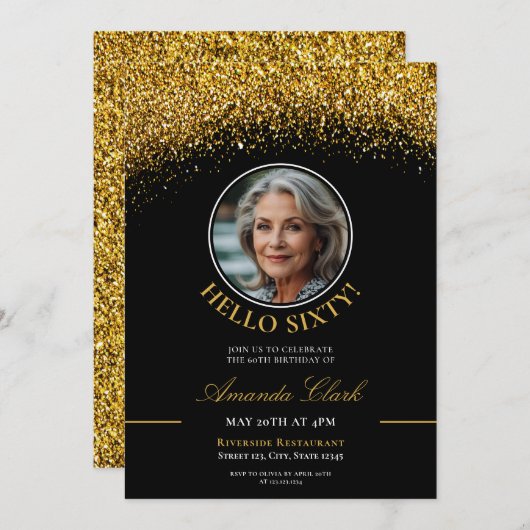 Chic Zwart & Goud Glitter Dames 60e Verjaardag Kaart (Voorkant / Achterkant)