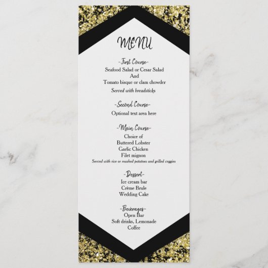 Chic Zwart & Goud Glitter Flakes Glam Wedding Menu (Voorkant)