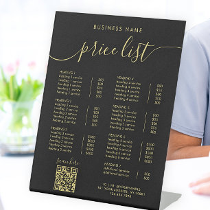 Chic Zwart Goud Kalligrafie QR Code Prijslijst Reclamebord Met Voetstuk