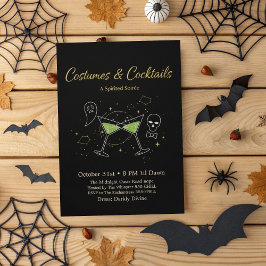 Chic Zwart & Goud Kostuums & Cocktails Halloween Kaart