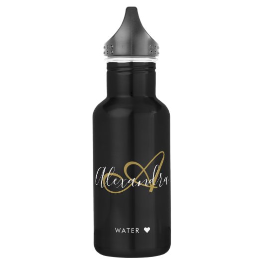 Chic Zwart Goud Monogram Script Naam Gym Waterfles (Links)