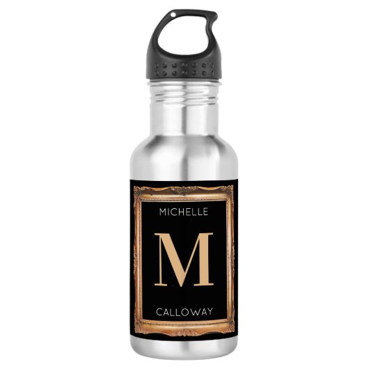 Chic Zwart & Goud Monogram Waterfles (Voorkant)