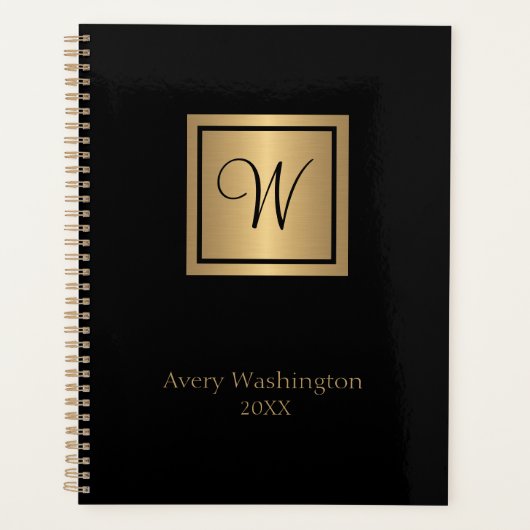 Chic Zwart & Goud Naam/Initiaal Monogram Dag Planner (Voorkant)