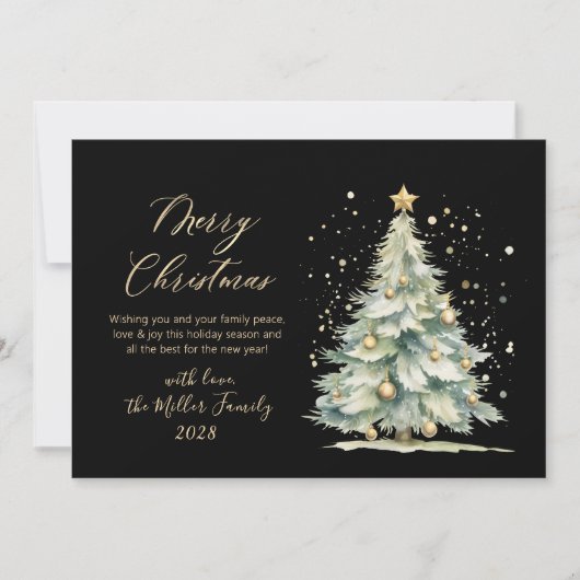 Chic Zwart Goud Script Waterverf Kerstboom Feestdagenkaart (Voorkant)
