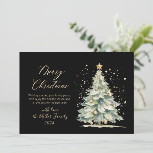 Chic Zwart Goud Script Waterverf Kerstboom Feestdagenkaart (Staand voorkant)