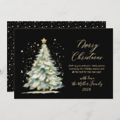 Chic Zwart Goud Script Waterverf Kerstboom Feestdagenkaart (Voorkant / Achterkant)