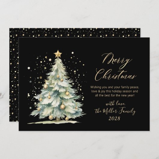 Chic Zwart Goud Script Waterverf Kerstboom Feestdagenkaart (Voorkant / Achterkant)