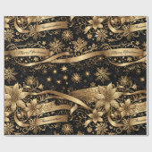 Chic Zwart Goud Sneeuwvlok Sparkle Bloemen Kerstmi Cadeaupapier (Vlak)