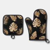 Chic zwart goud tropische bladeren ovenwant & pannenlap set (Voorkant)