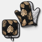 Chic zwart goud tropische bladeren ovenwant & pannenlap set (Voorkant / Achterkant)