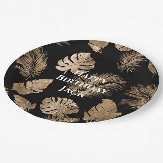 Chic zwart goud tropische bladeren papieren bordje (Gekanteld)