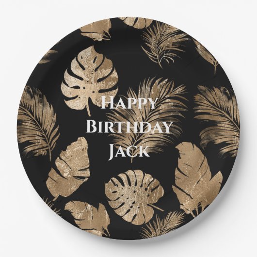 Chic zwart goud tropische bladeren papieren bordje (Voorkant)