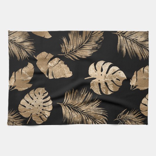 Chic zwart goud tropische bladeren theedoek (Horizontaal)