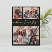 Chic Zwart Goud Vrede Liefde en Joy Script 5 Foto Feestdagenkaart (Staand voorkant)