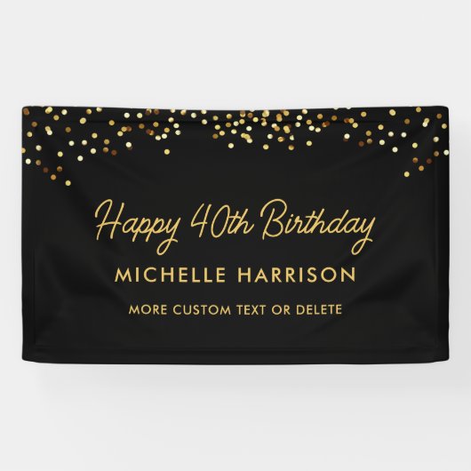 Chic Zwart Gouden Confetti Verjaardag op elke Leef Spandoek (Horizontaal)
