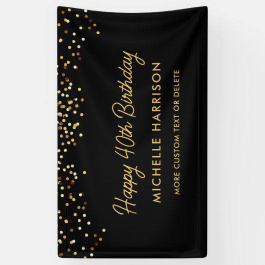 Chic Zwart Gouden Confetti Verjaardag op elke Leef Spandoek (Verticaal)