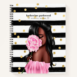 Chic Zwart Gouden Strepen Brunette Meisje Roze Blo Notitieboek