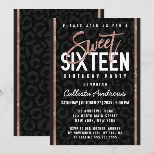 Chic Zwart Grijs Roos Gouden Glitter Cheetah Sweet Kaart (Voorkant / Achterkant)