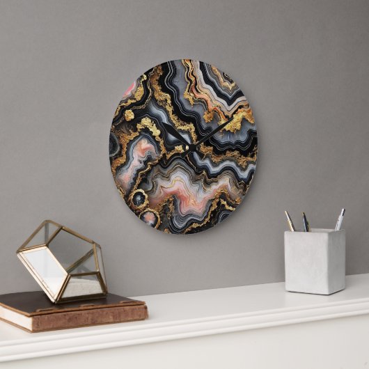 Chic Zwart Koraal Roze Wit Goud Marmeren Patroon Grote Klok (Kantoor)