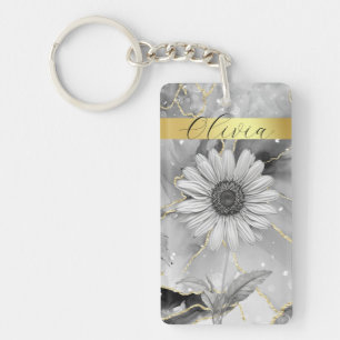Chic Zwart Marmer & Goud Daisy Custom Sleutelhanger