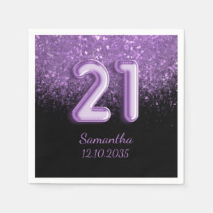 Chic Zwart & Paarse Glitters Glans 21 Verjaardag Servet