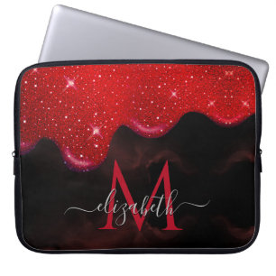Chic zwart rood drippings glitter marbling monogra laptop sleeve