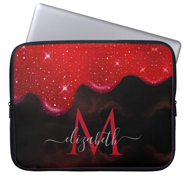 Chic zwart rood drippings glitter marbling monogra laptop sleeve (Voorkant)