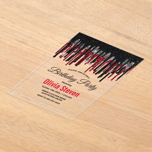 Chic zwart rood en zilver glitter druppels verjaar acryl uitnodigingen (Laagn)
