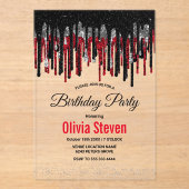 Chic zwart rood en zilver glitter druppels verjaar acryl uitnodigingen (Voorkant)