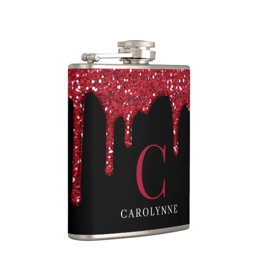 Chic zwart rood Sparkle Glitter Drips Monogram Heupfles (Rechts)