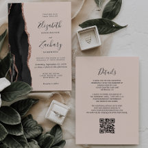 Chic Zwart Roos Gouden Agaat Blush QR Code Wedding