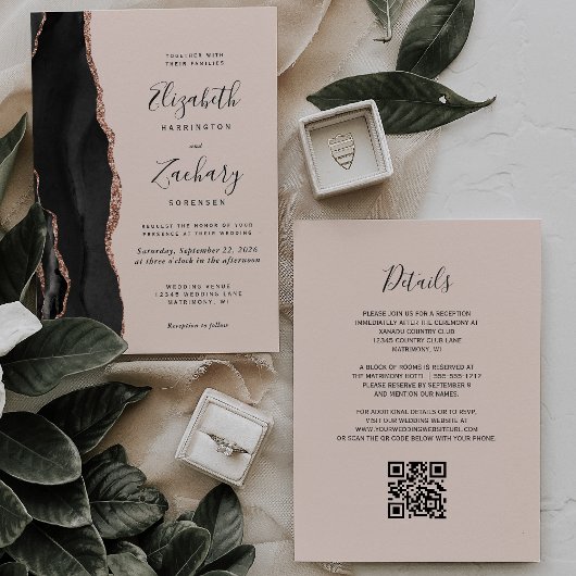 Chic Zwart Roos Gouden Agaat Blush QR Code Wedding Kaart