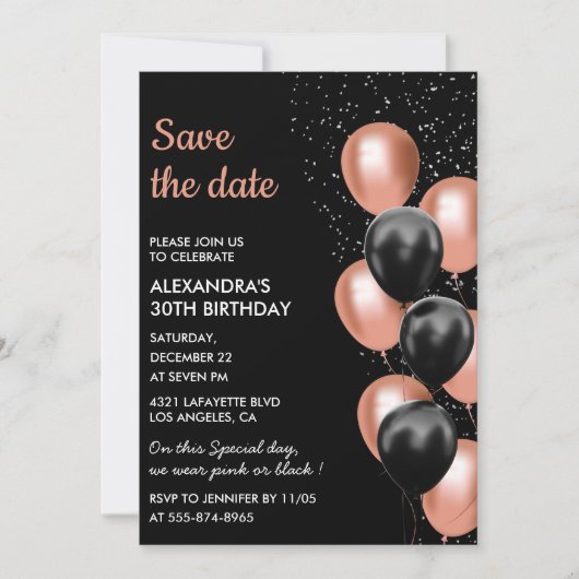 Chic Zwart Roos Gouden Ballon 30e Save the Date Kaart (Voorkant)