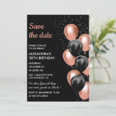 Chic Zwart Roos Gouden Ballon 30e Save the Date Kaart (Staand voorkant)