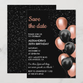 Chic Zwart Roos Gouden Ballon 30e Save the Date Kaart (Voorkant / Achterkant)