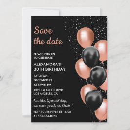 Chic Zwart Roos Gouden Ballon 30e Save the Date Kaart