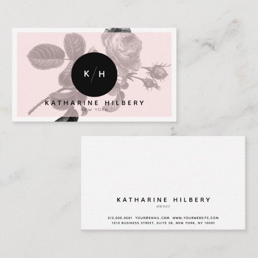 Chic Zwart Roos & Monogram Roze Visitekaartje (Voorkant / Achterkant)