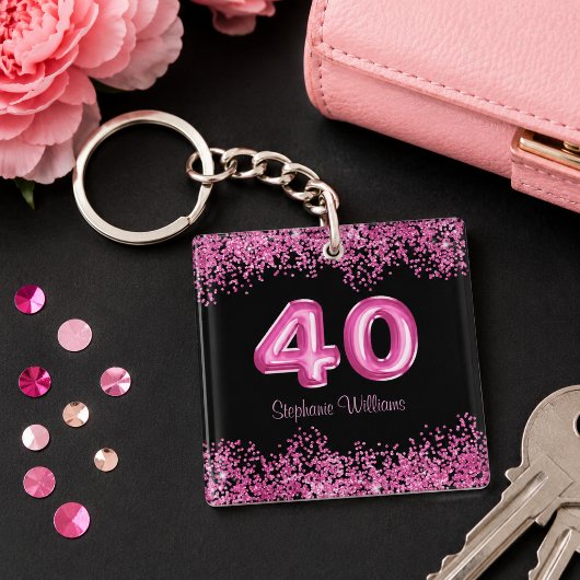 Chic Zwart Roze Glitters 40e Verjaardag Sleutelhanger