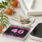 Chic Zwart Roze Glitters 40e Verjaardag Sleutelhanger (Voorkant Rechts)