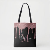 Chic Zwart Roze Goud Glitter Druppels Monogram Tote Bag (Voorkant)