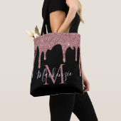 Chic Zwart Roze Goud Glitter Druppels Monogram Tote Bag (Dichtbij)