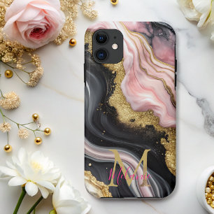Chic Zwart Roze Goud Glitter Marmer Monogram Case-Mate iPhone Case
