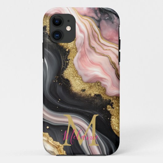 Chic Zwart Roze Goud Glitter Marmer Monogram Case-Mate iPhone Case (Achterkant)