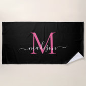 Chic Zwart Roze Monogram Vrouwelijk Girly Script Strandlaken (Voorkant)