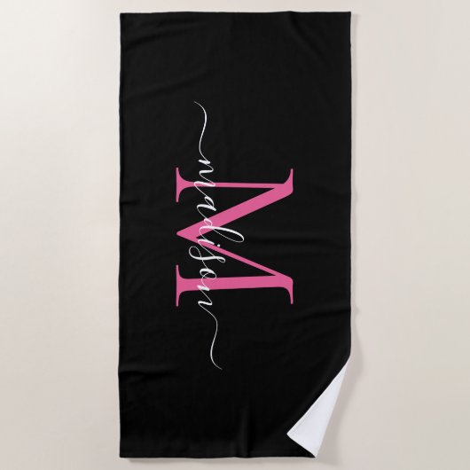Chic Zwart Roze Monogram Vrouwelijk Girly Script Strandlaken (Voorkant)
