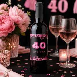 Chic Zwart Roze Nep Glitters 40e Verjaardag Wijn Etiket