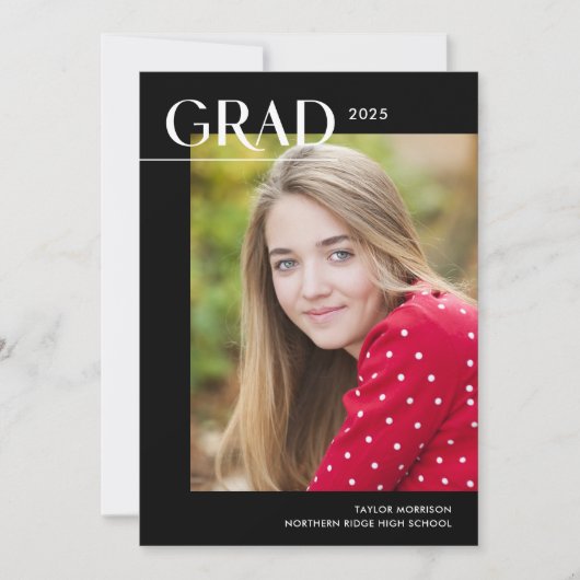 Chic Zwart & Wit 2025 Foto Afstudeerfeest Kaart (Voorkant)